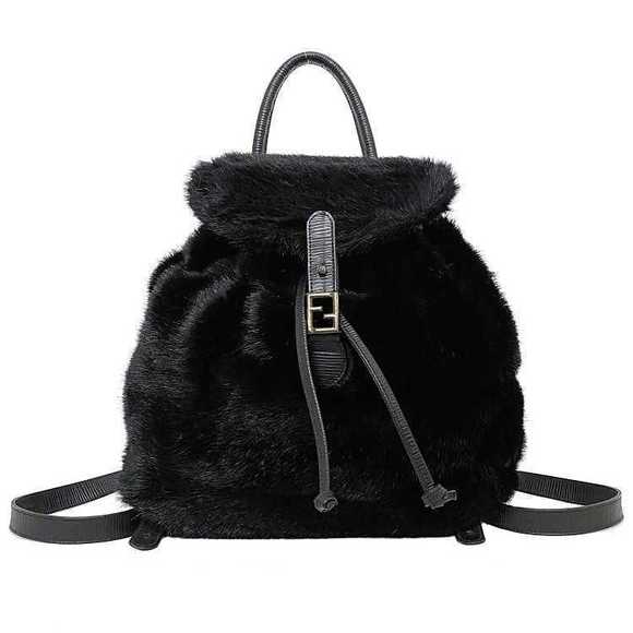 Fendi Fur Travel Backpack Leather Black Faux - Picture 1 of 9